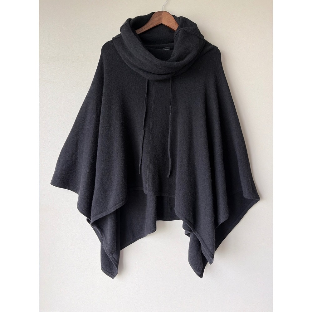Sofie 100% Cashmere Poncho Black Cowl Neck Drawstring One Size Asymmetrical Hem